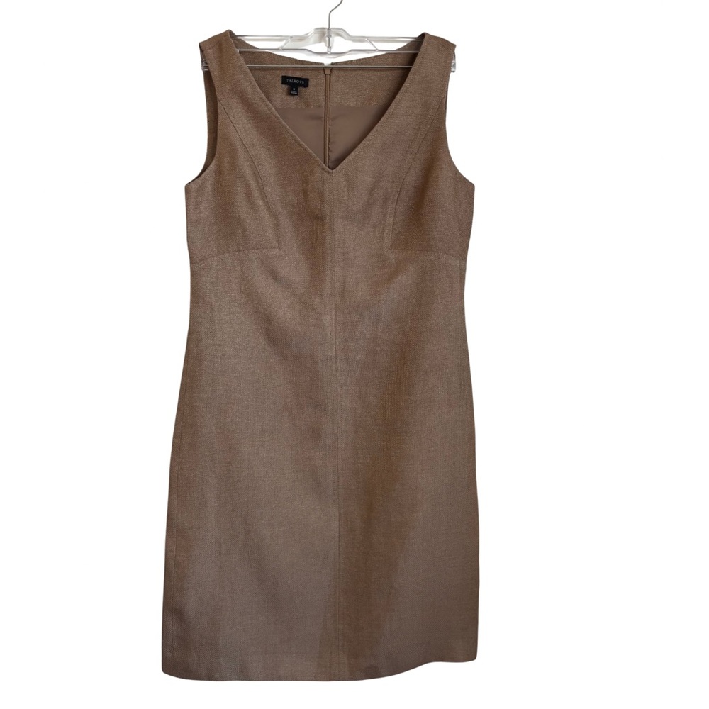 Talbots Gold Metallic Linen V Neck Dress Size 6 Business Casual Knee Length